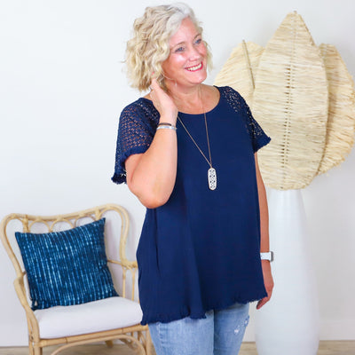 Navy Linen Blend Floral Crochet Sleeve Top