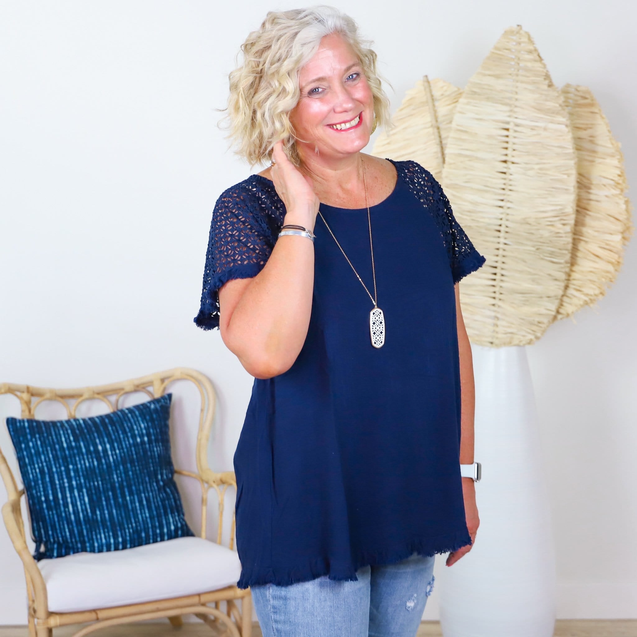 Navy Linen Blend Floral Crochet Sleeve Top