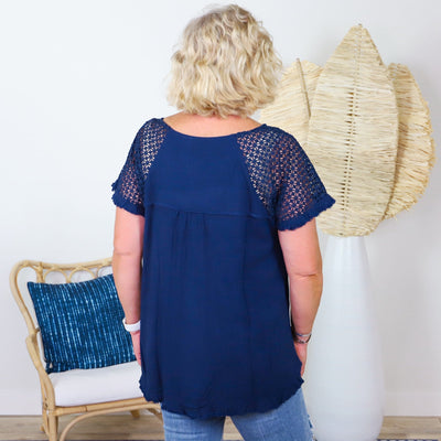 Navy Linen Blend Floral Crochet Sleeve Top