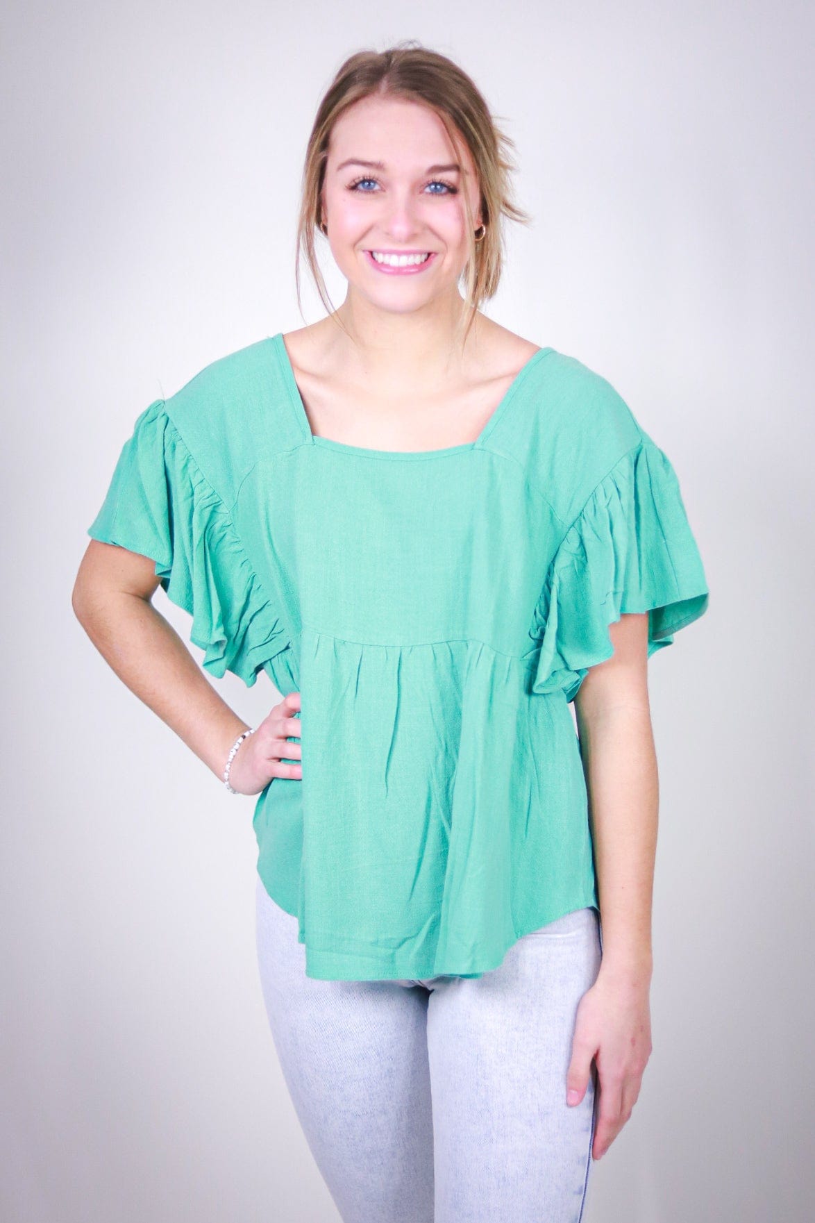Aqua Teal Square Neck Babydoll Top