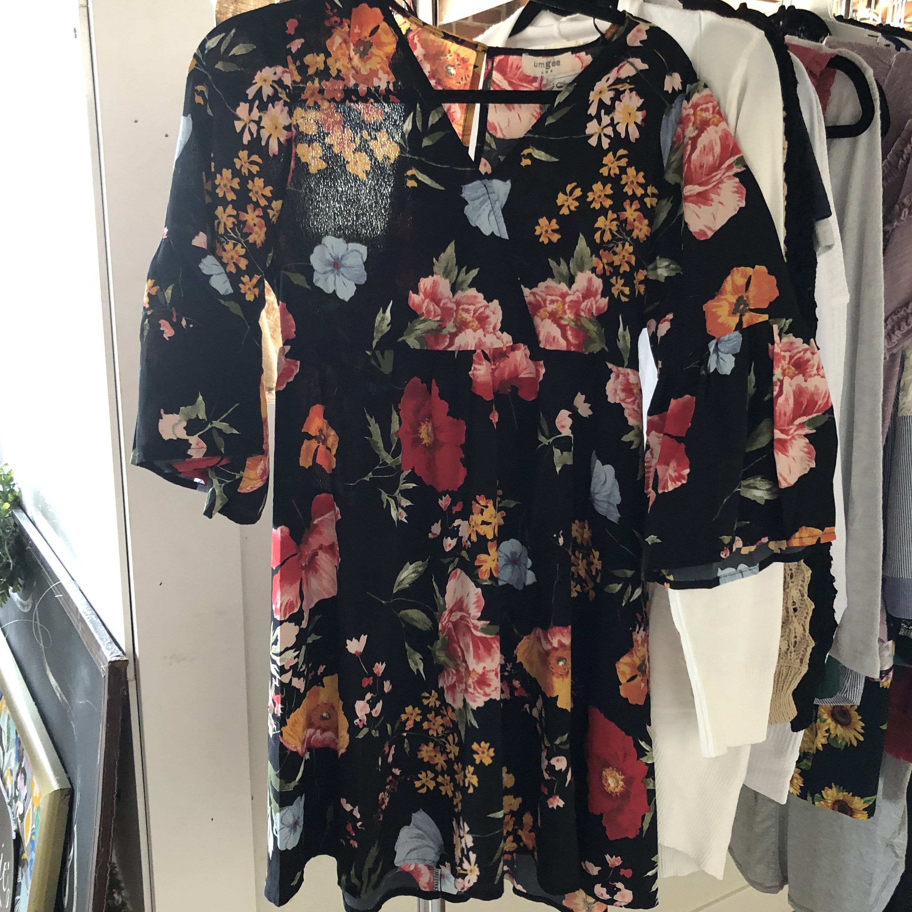 Black Floral Mix Bell Sleeve Dress