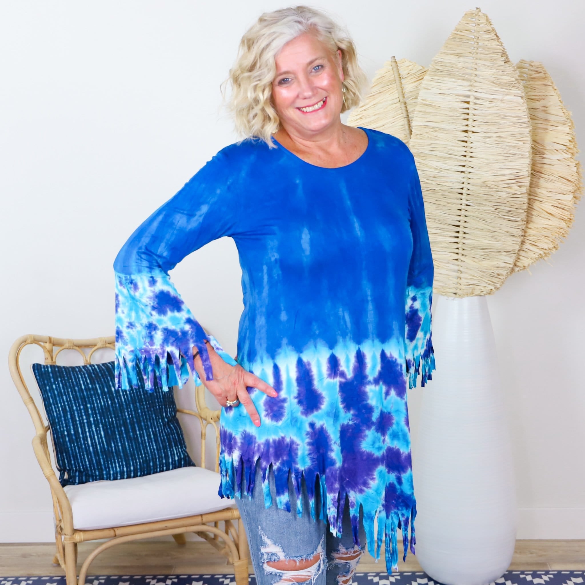 Blue Tiedye Long Sleeve Fringe Dress