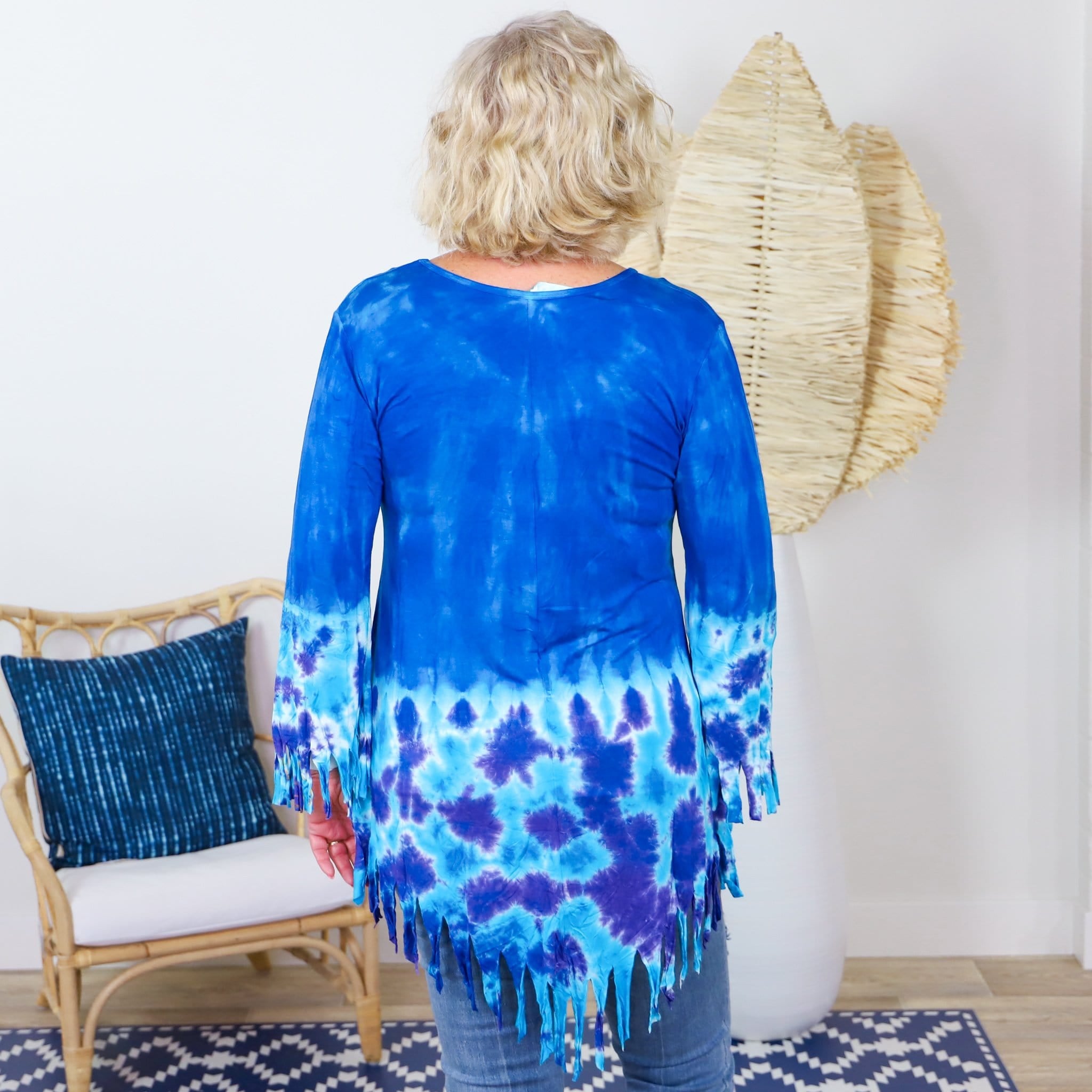 Blue Tiedye Long Sleeve Fringe Dress