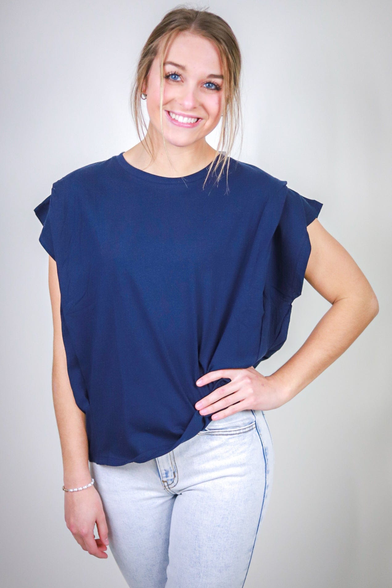 Navy Pleated Shoulder Round Neck Top