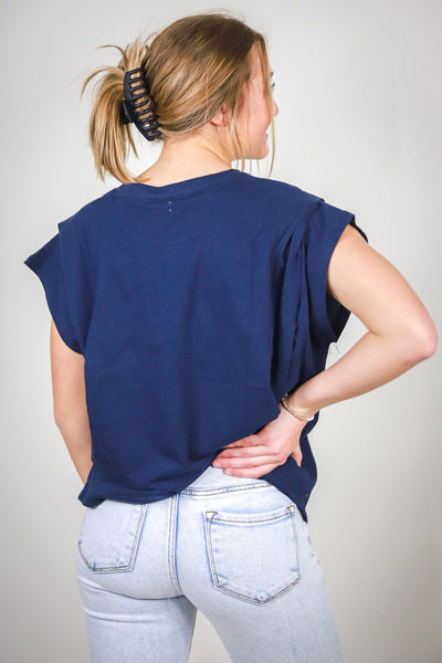 Navy Pleated Shoulder Round Neck Top