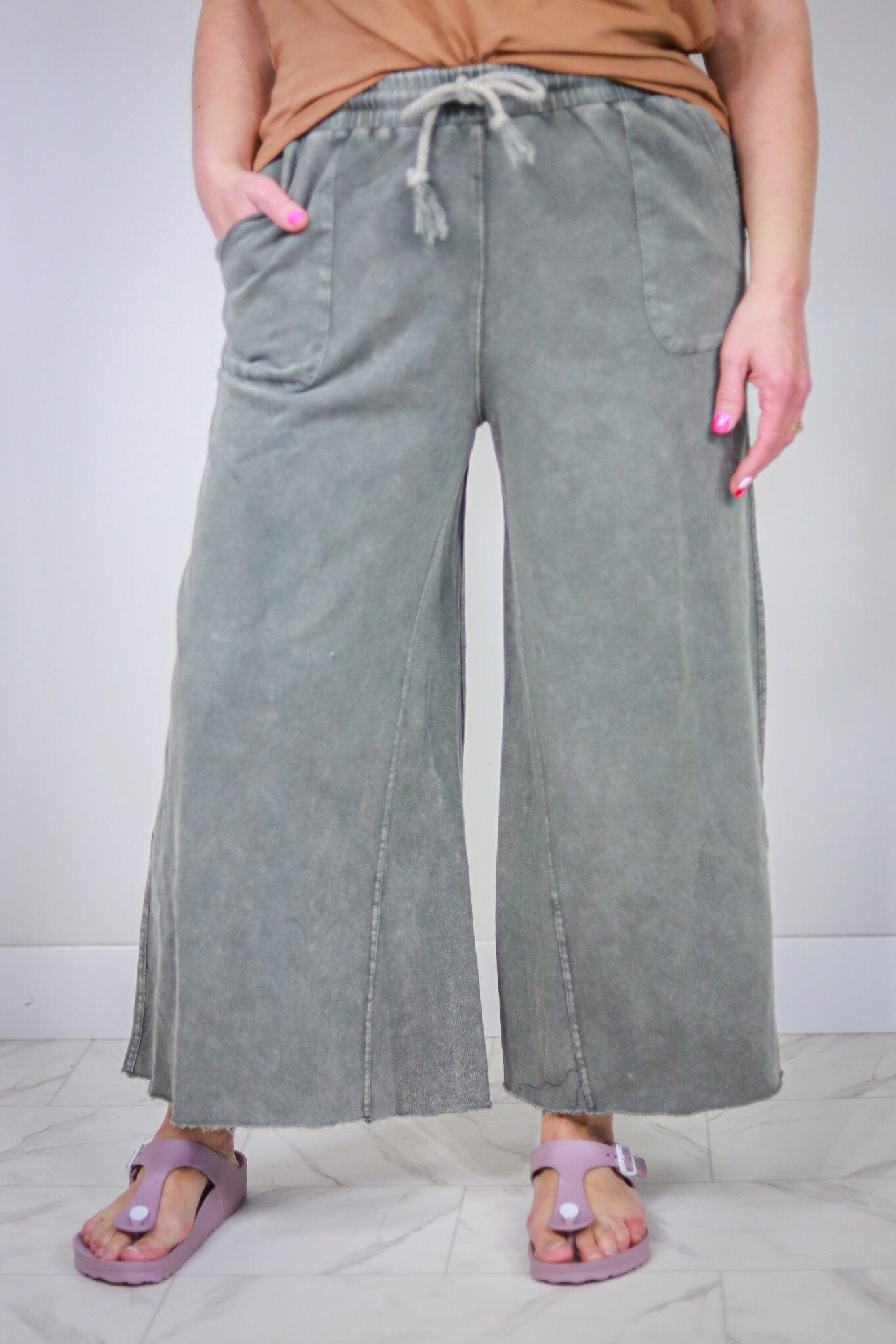 Washed Green Drawstring Wide Leg Crop