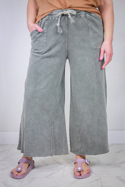 Washed Green Drawstring Wide Leg Crop