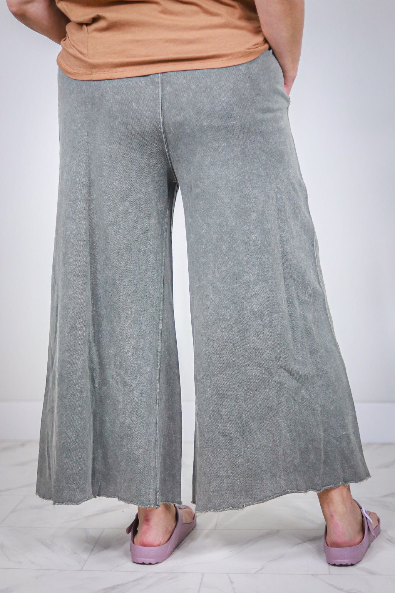 Washed Green Drawstring Wide Leg Crop