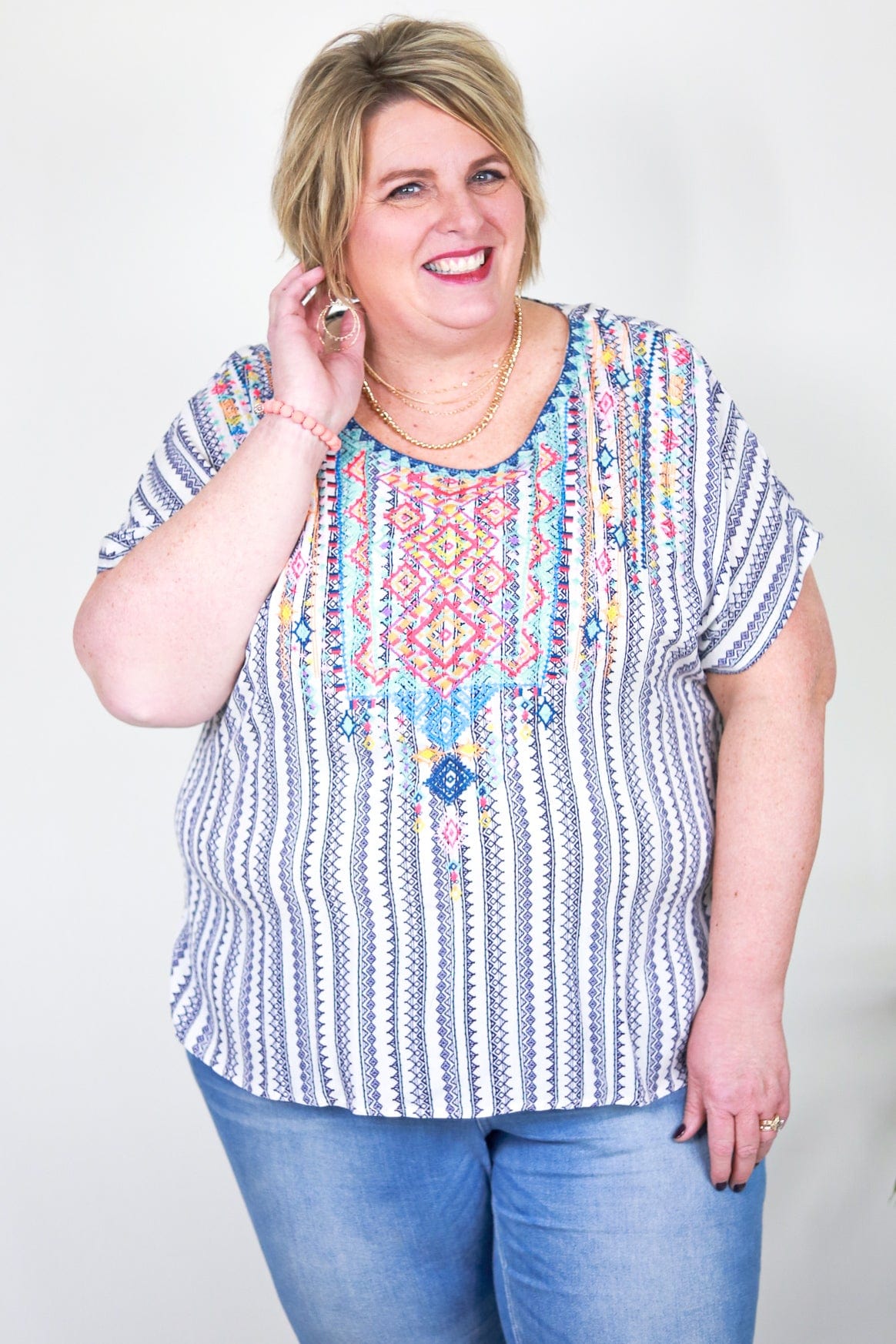 Ivory & Navy Embroidered Top