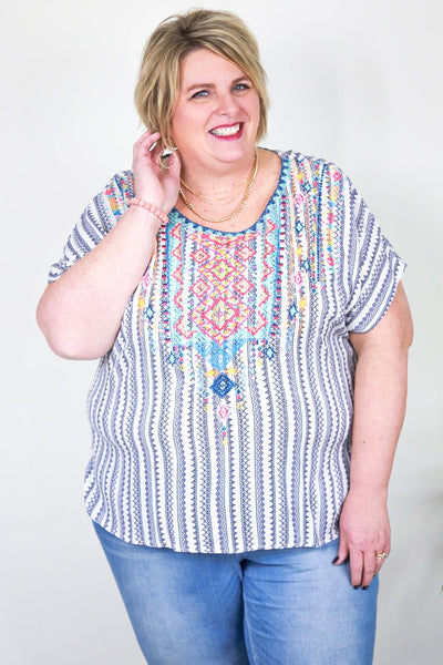 Ivory & Navy Embroidered Top