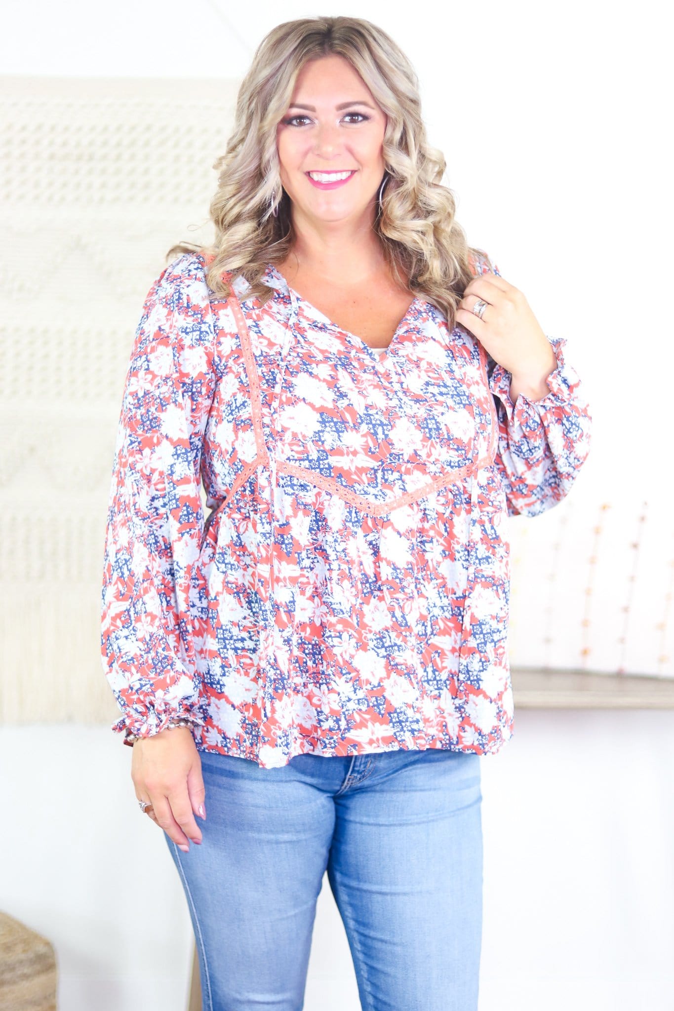 Rust Floral Keyhole Neck Blouse