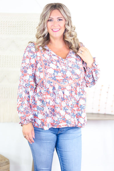 Rust Floral Keyhole Neck Blouse