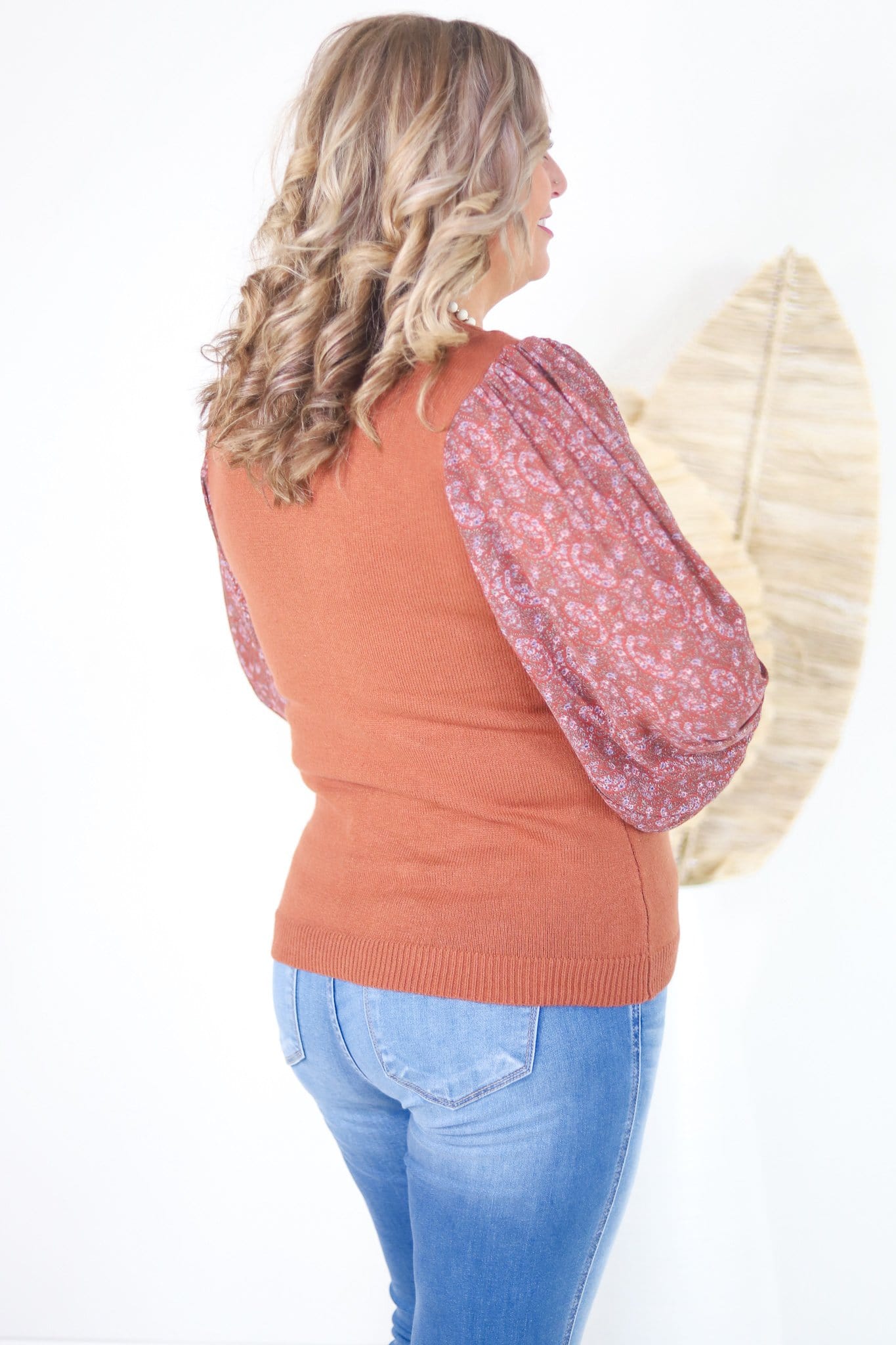 Floral Sleeve Rust Sweater