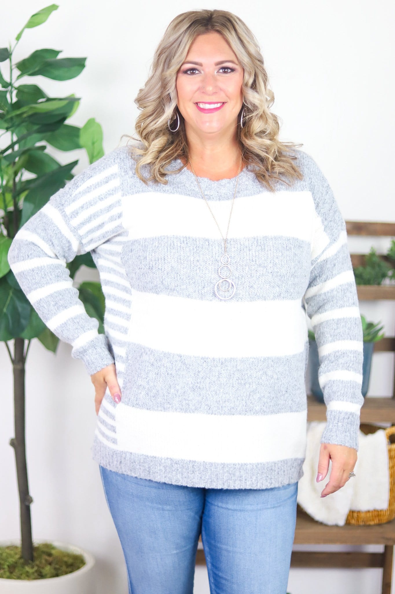 Grey & Ivory Stripe Crew Neck Sweater