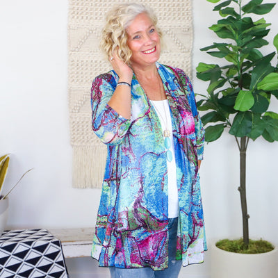 Blue Green Watercolor Mesh Cardigan
