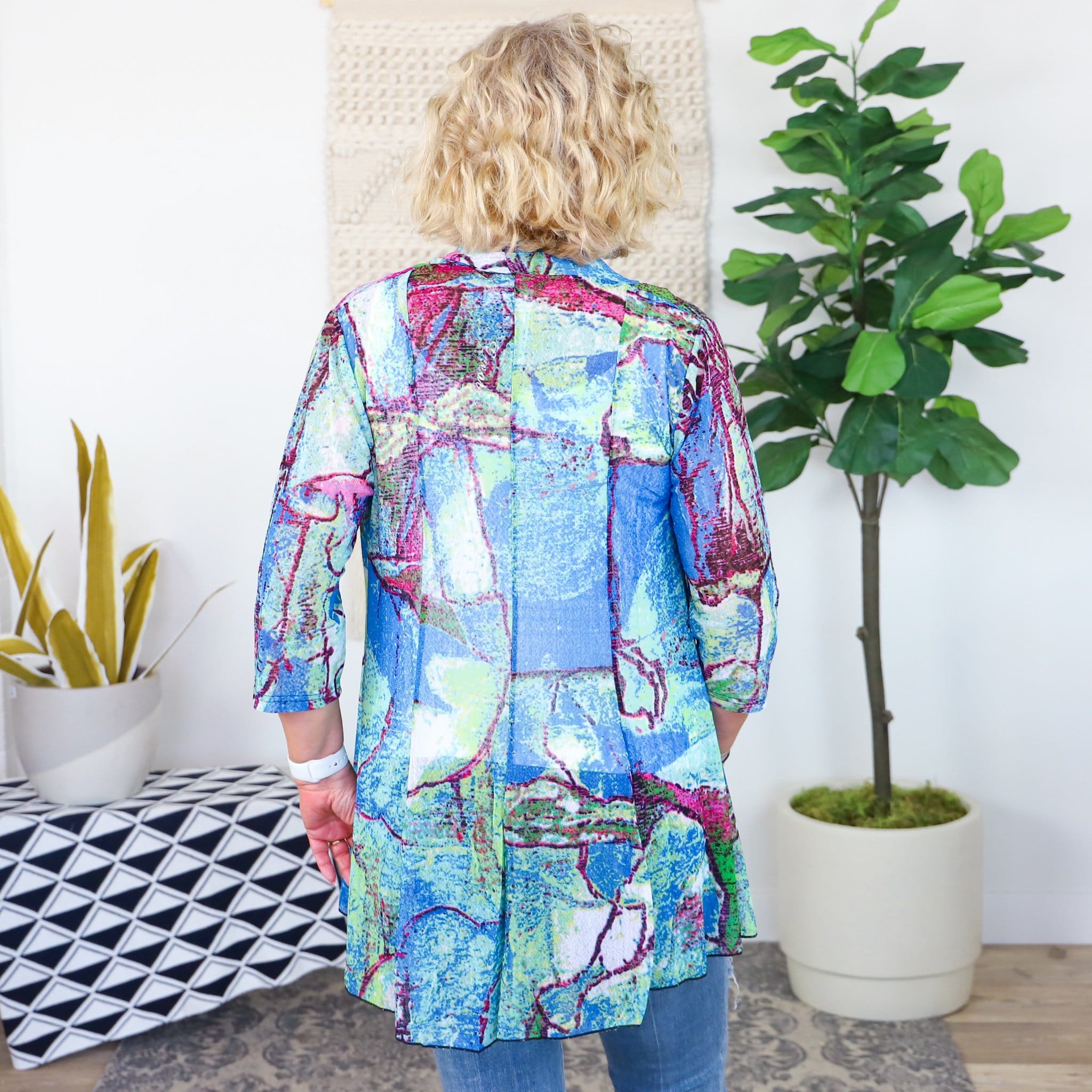 Blue Green Watercolor Mesh Cardigan