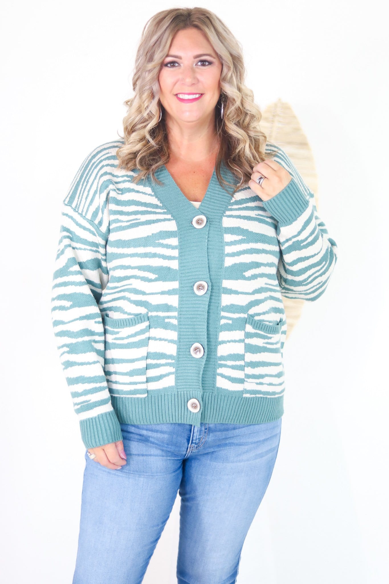 Teal Zebra Print Knit Cardigan