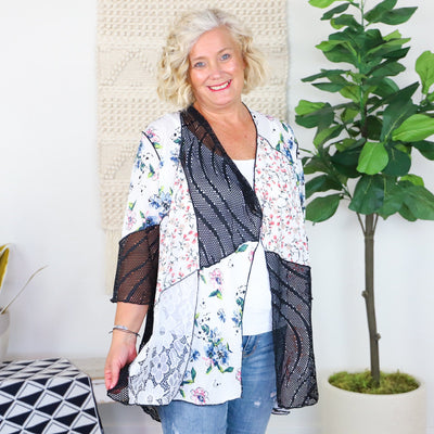 White Patchwork Floral Mesh Cardigan