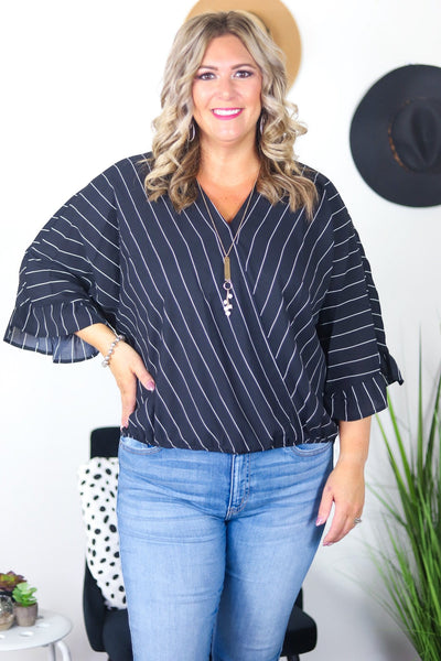 Striped Cross Front Bell Sleeve Top
