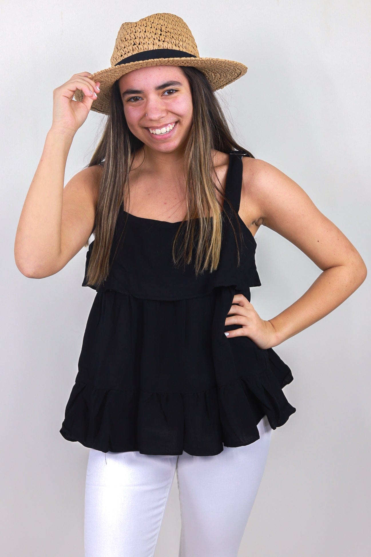 Black Flow Tank w/Decorative Straps