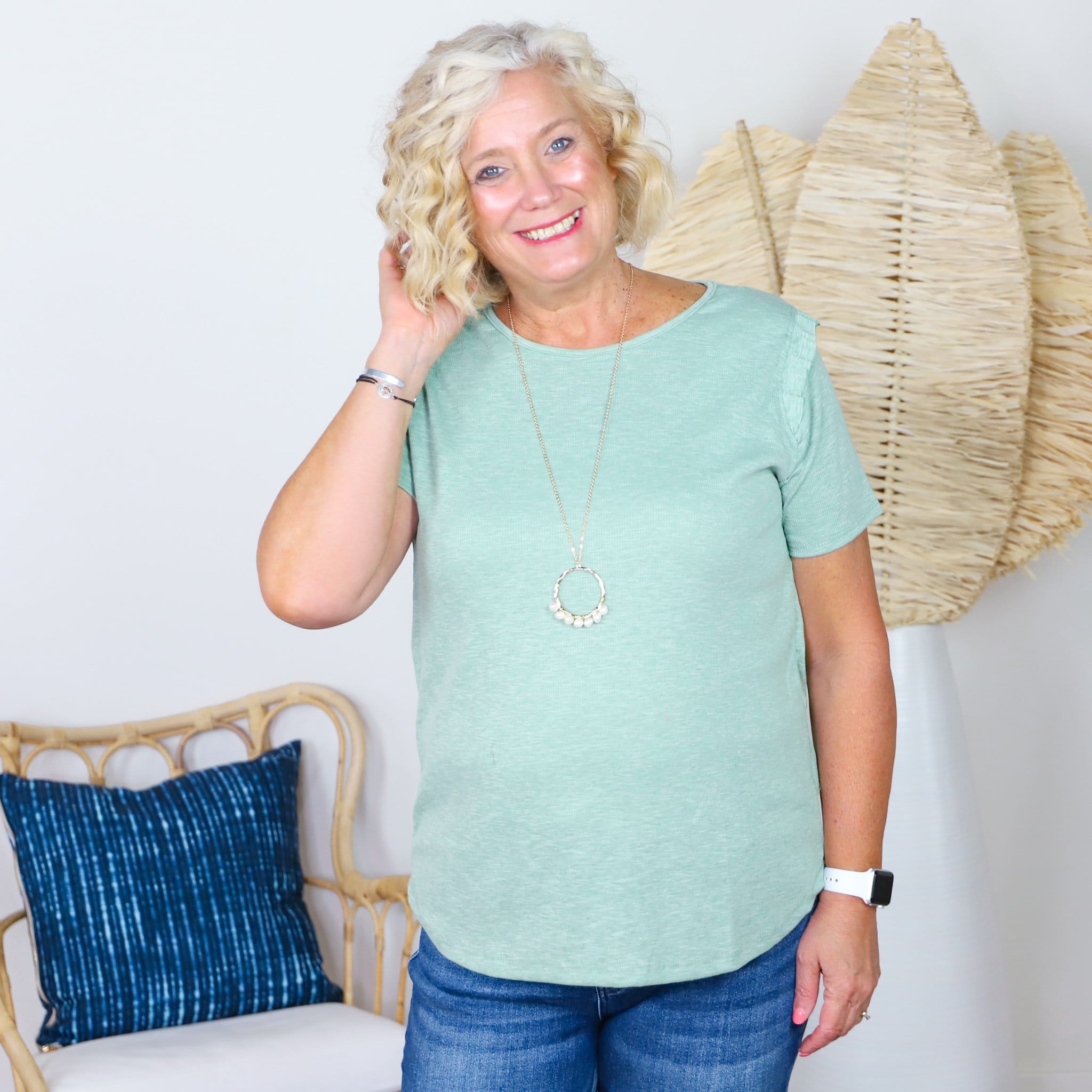 teal baby ribbed ruffle short sleeve top