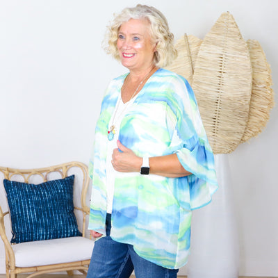 Tie Dye Ruffle Sleeve Kimono