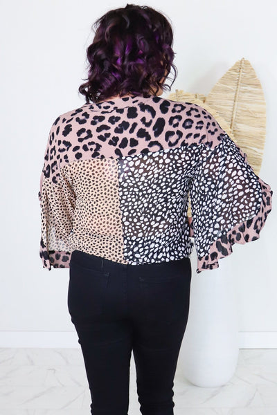 Sheer Multi Animal Ruffled Top Mocha Black
