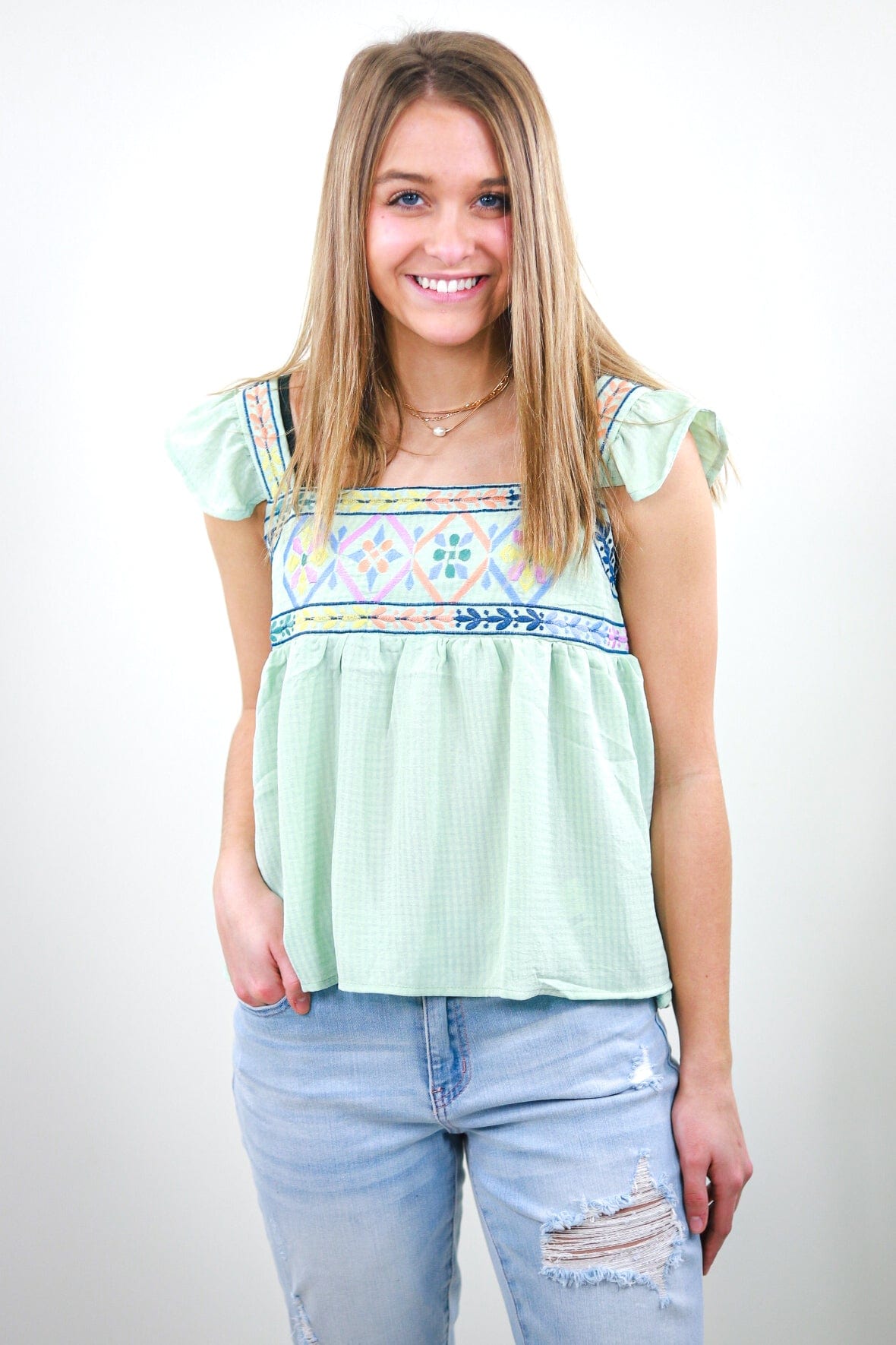 Dusty Mint Embroidered Tank