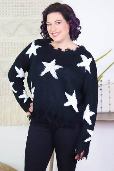 Black Distressed Star Sweater