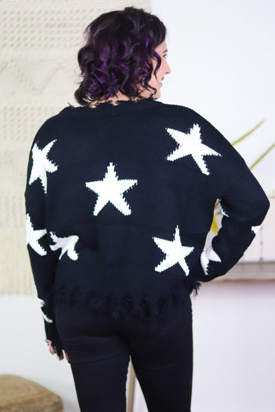Black Distressed Star Sweater