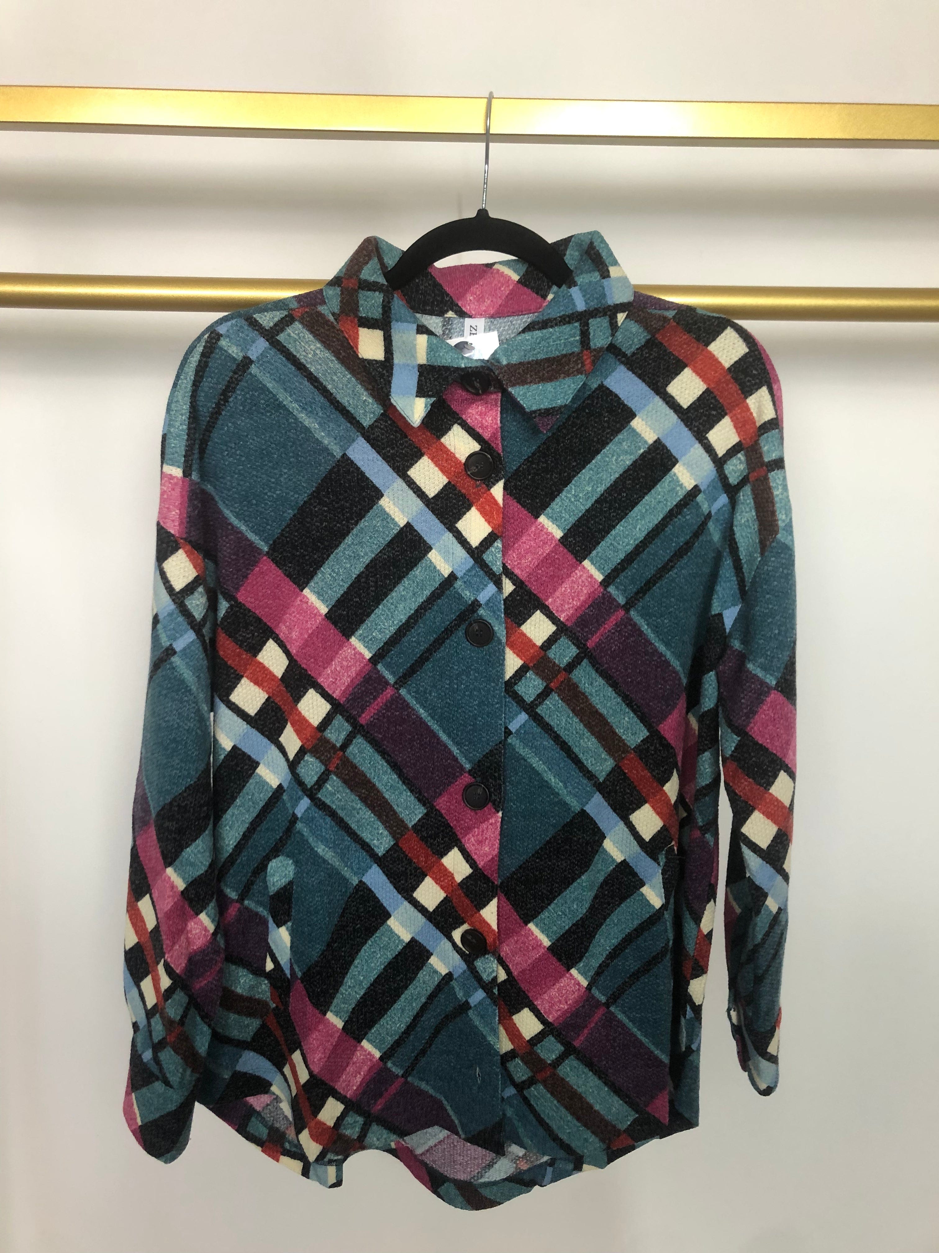 Teal Plaid Knit Shacket