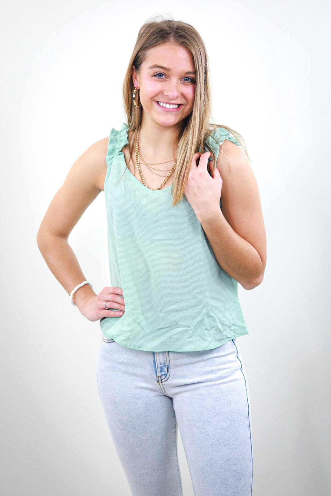 Mint Ruffle Strap Tank