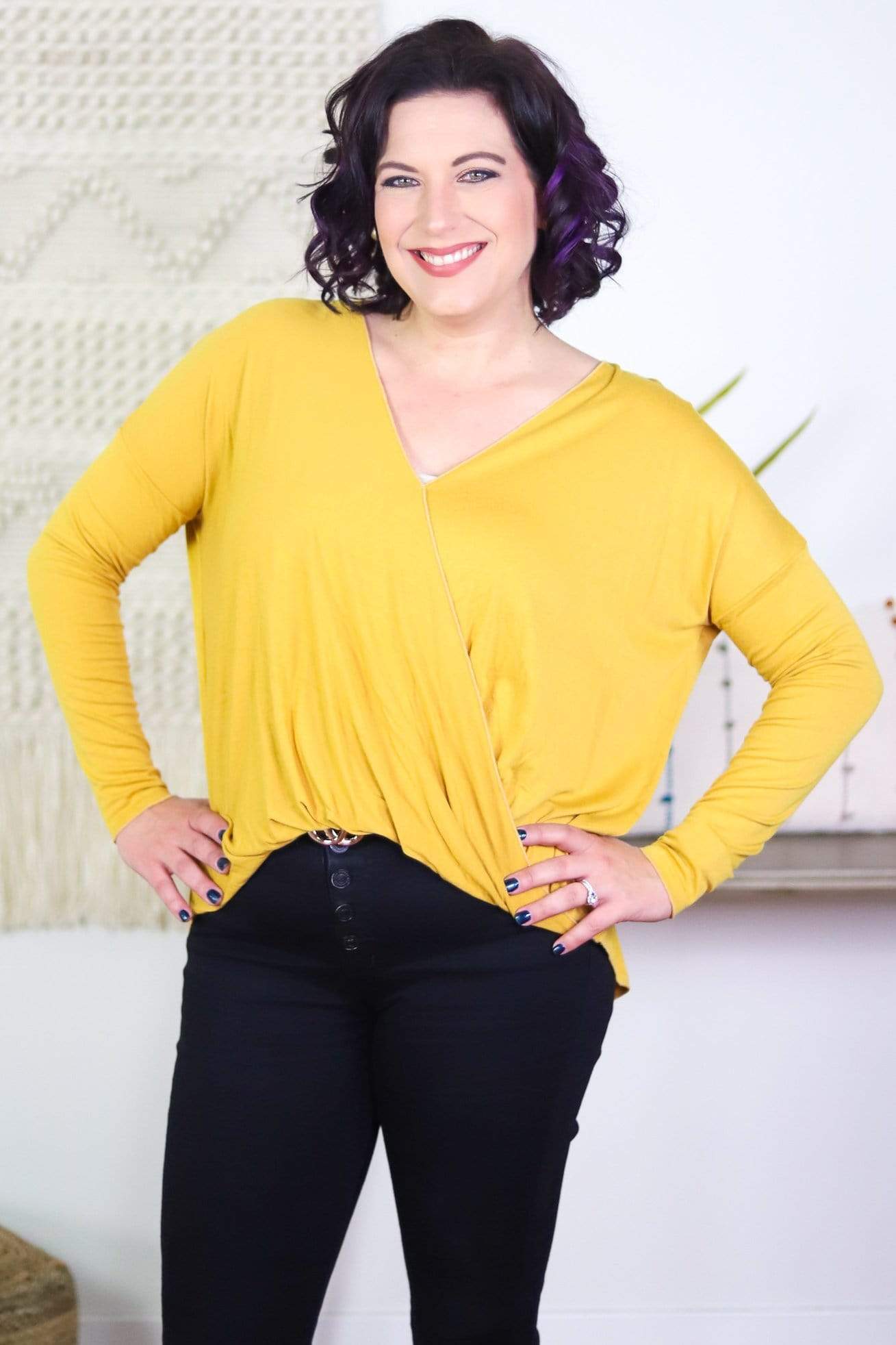 Mustard CrissCross Front Long Sleeve Top