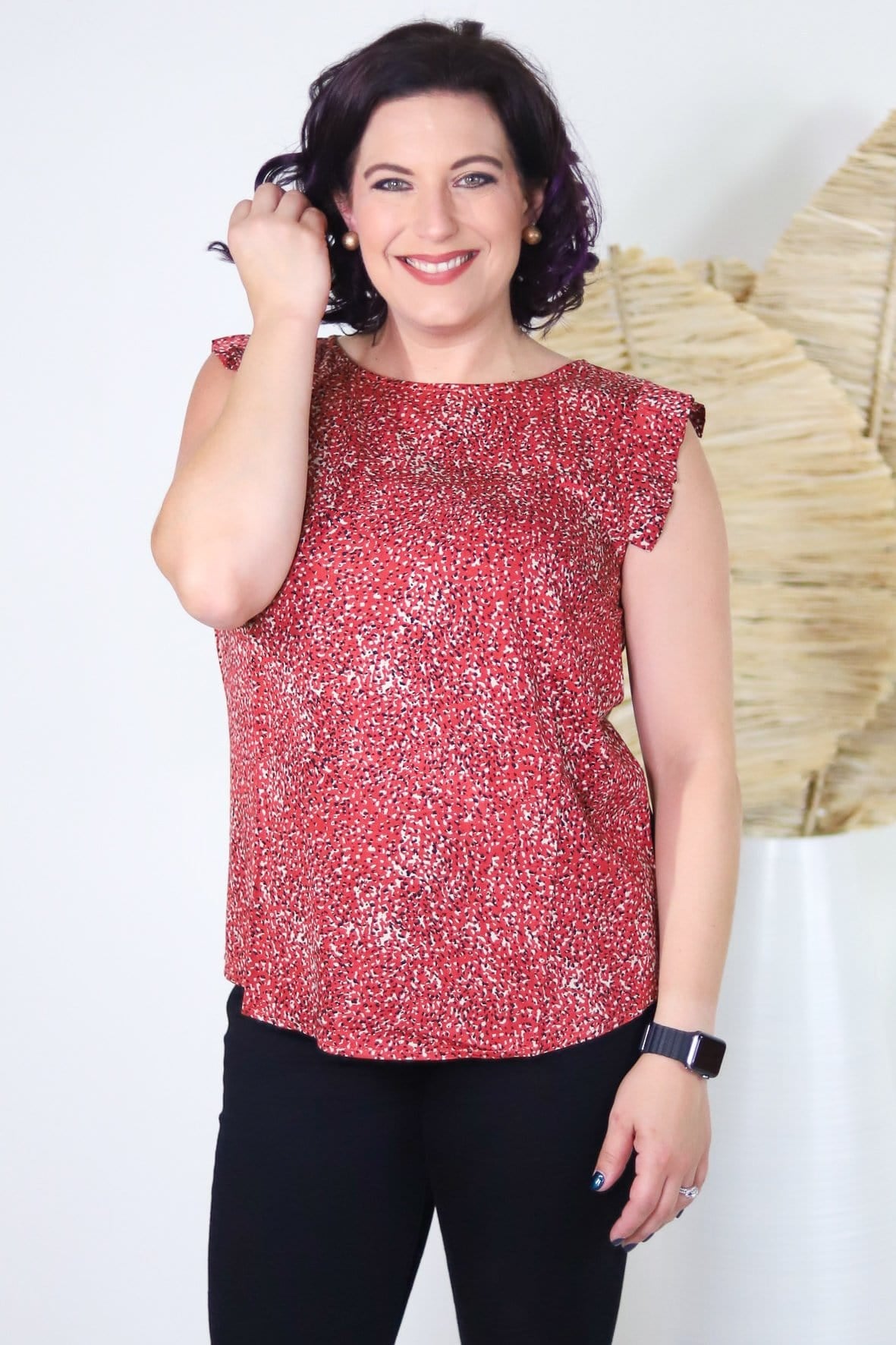 Printed Pleated Ruffle Detail Sleeveless Blouse