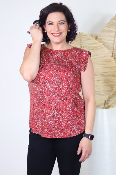 Printed Pleated Ruffle Detail Sleeveless Blouse