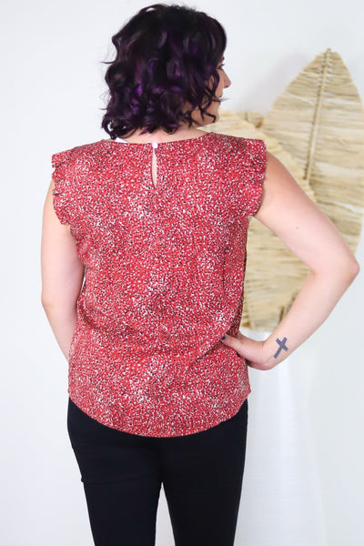 Printed Pleated Ruffle Detail Sleeveless Blouse