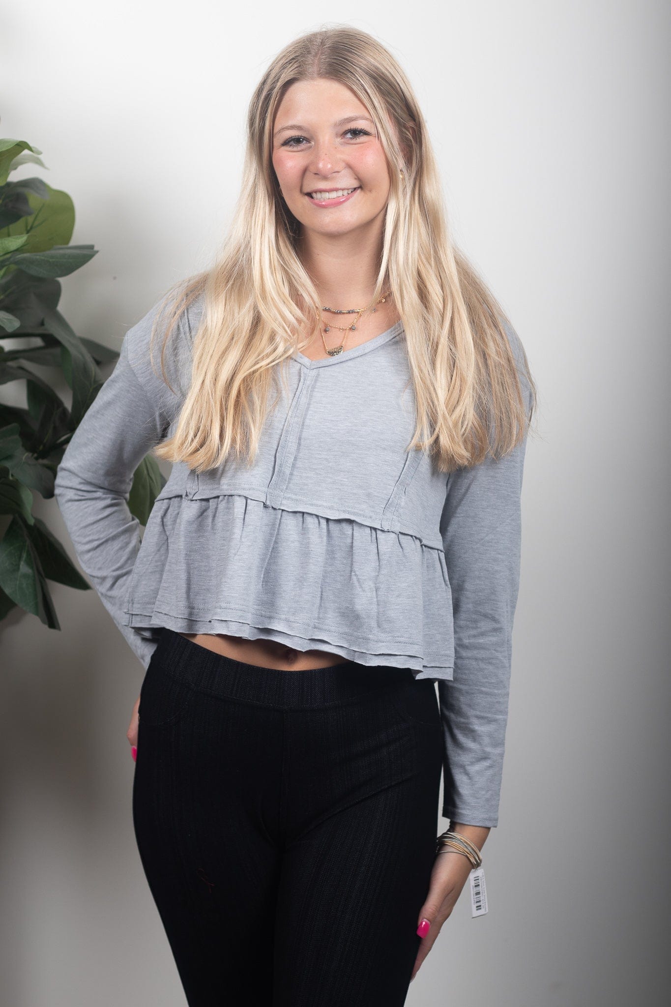 Grey Ruffle Exposed Hem Top