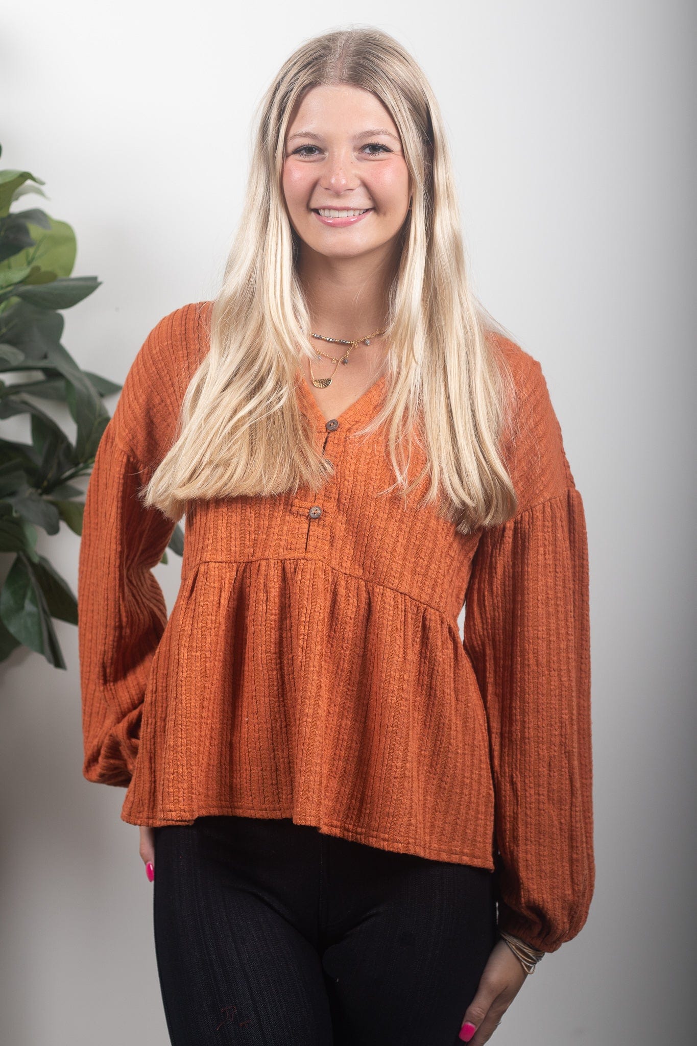 Rust Henley Babydoll Top