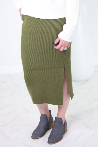 Olive Ribbed Sweater Skirt