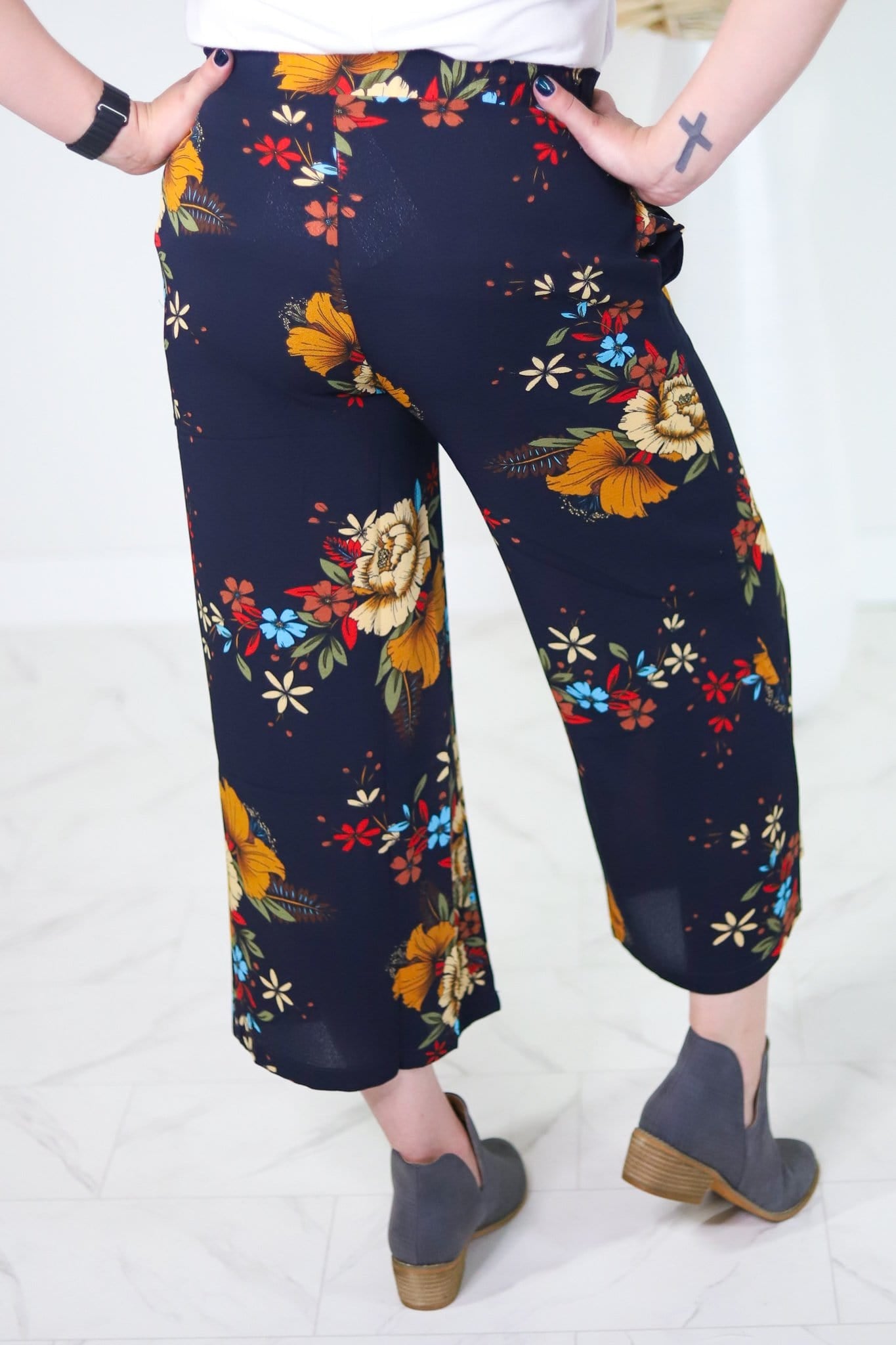 Navy Floral Wide Leg Pant