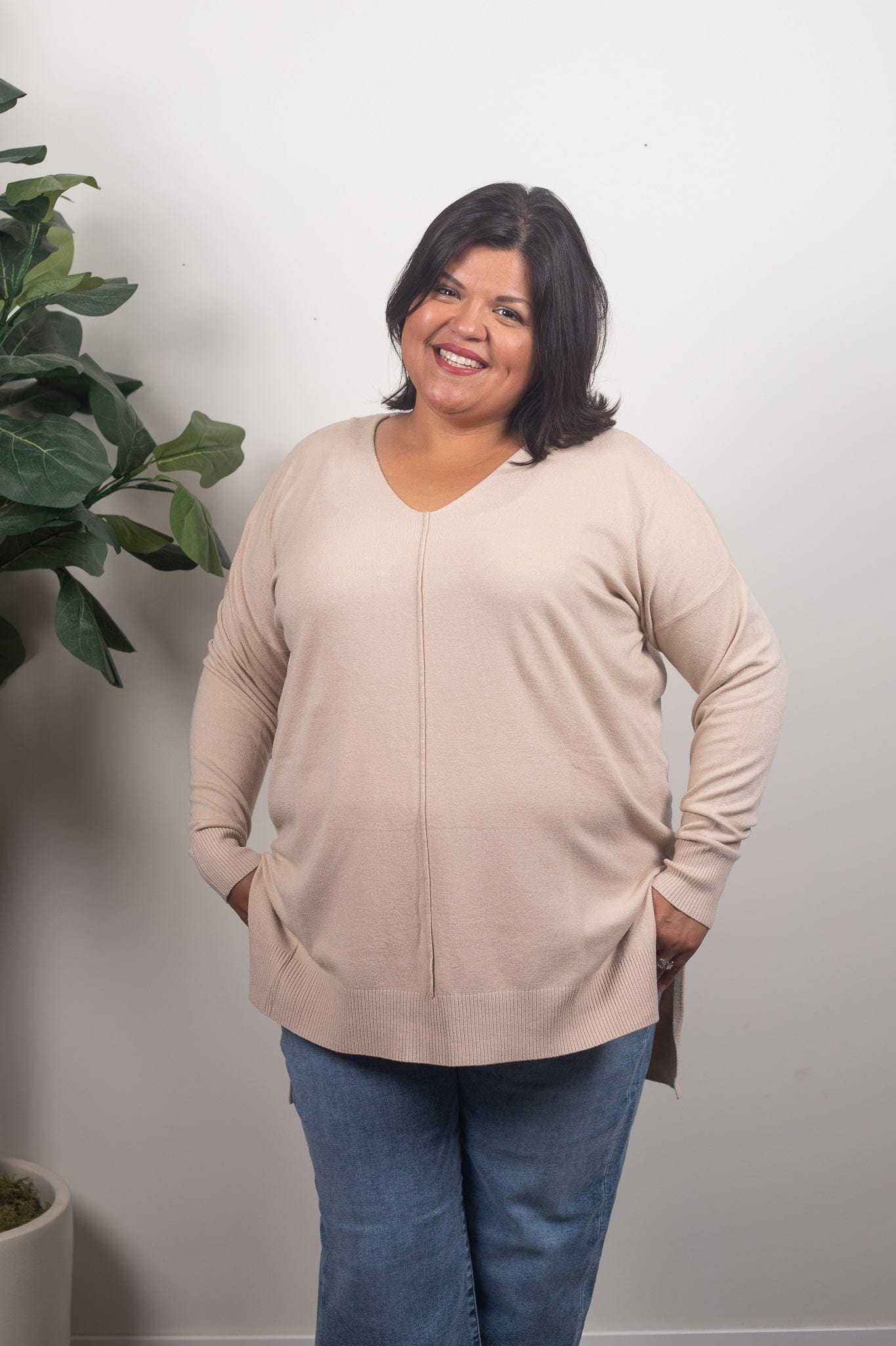 Beige V-Neck Center Seam Sweater