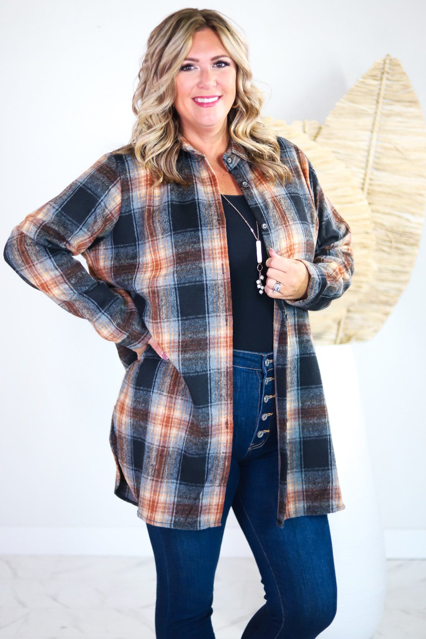 Black Multicolor Rolled Sleeve Flannel Shacket