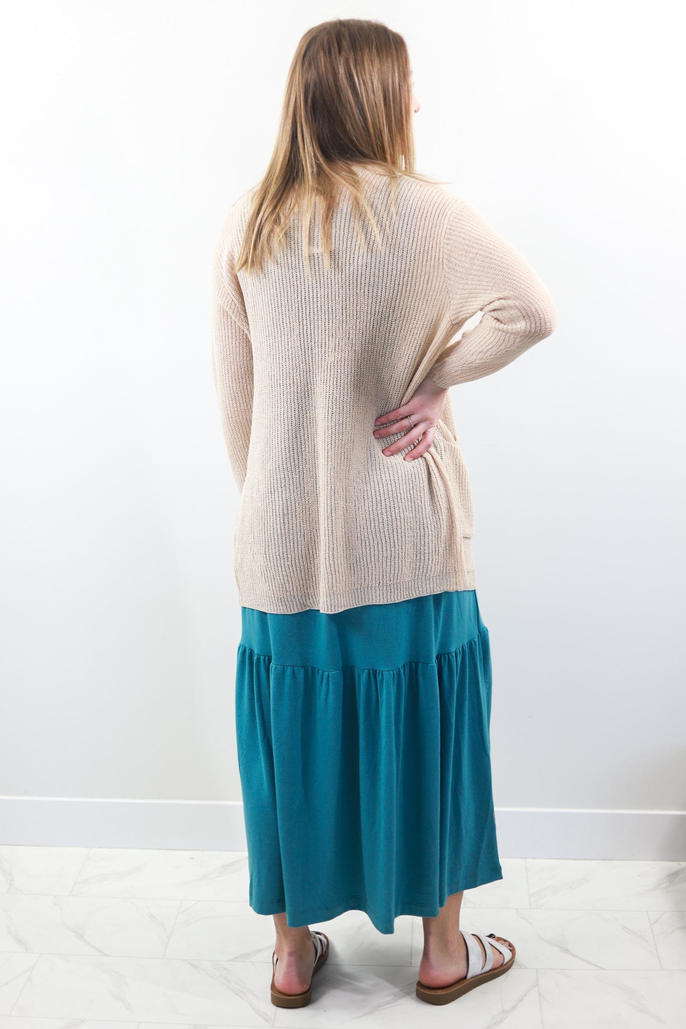 Dusty Teal Tiered Knit Midi Dress