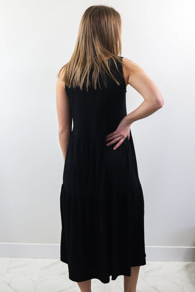 Black Tiered Knit Midi Dress