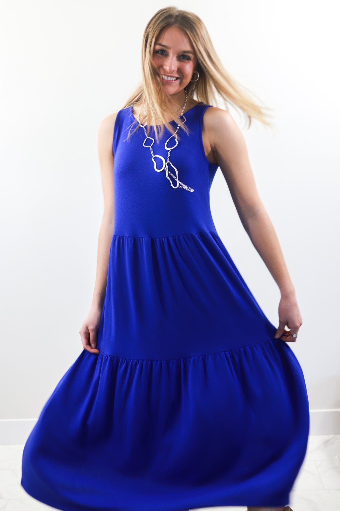 Bright Blue Tiered Knit Midi Dress