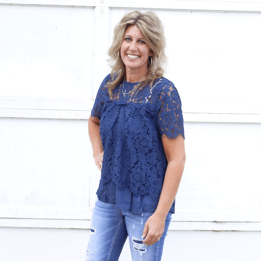 Navy Floral Lace Keyhole Top