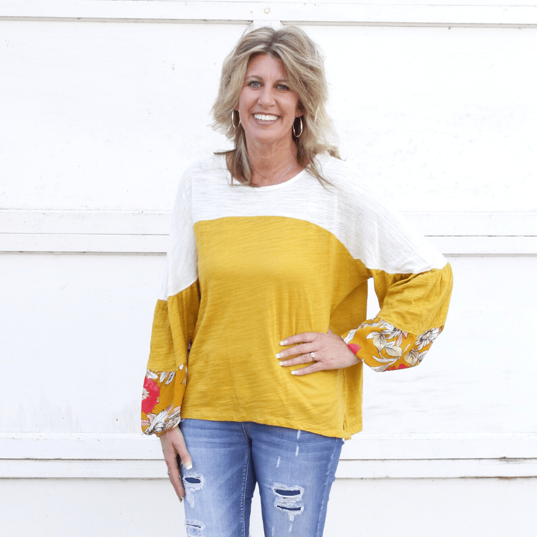 Mustard Colorblock Leaf Puff Sleeve Top