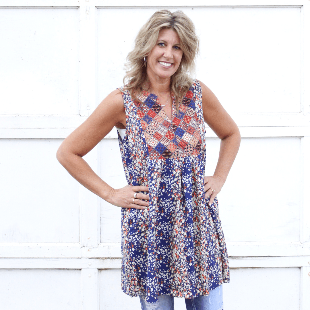 Floral Mixed Print Split Neck Dress