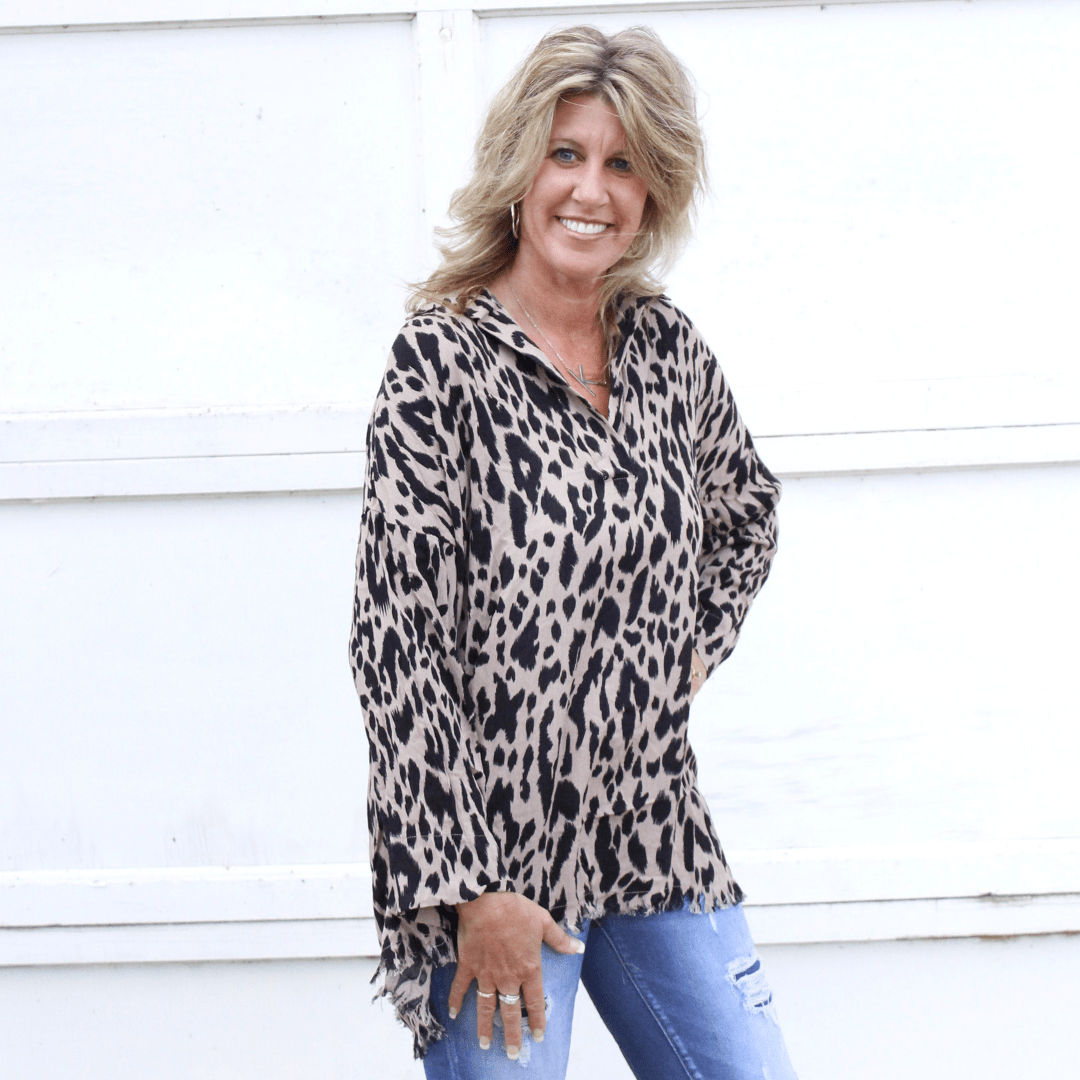 Mocha Animal Frayed Hem Tunic