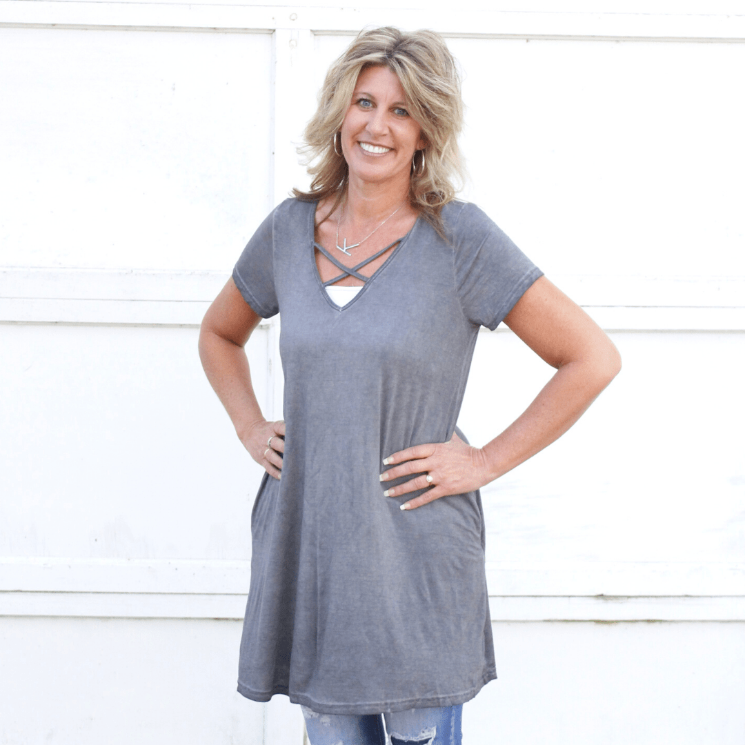 Washed Cross Vneck Pocket Dress
